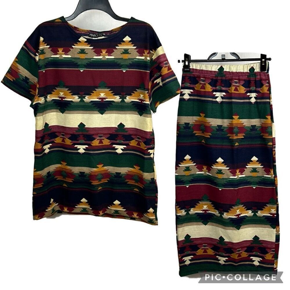 VTG Margo's Shirt Skirt Set Southwest Print Womens Sz Medium Western Navy Green